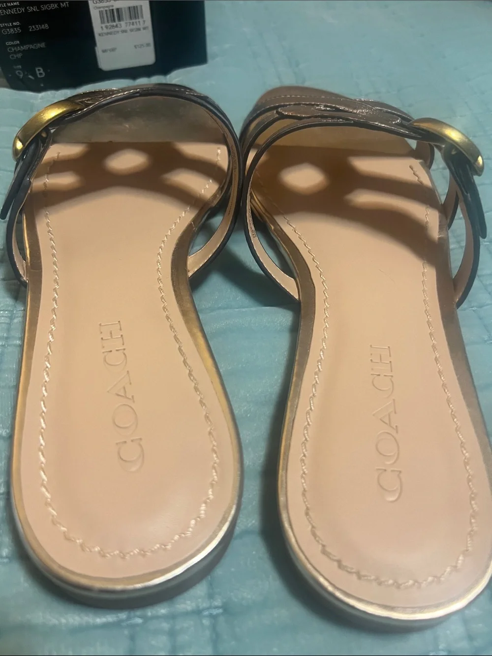 Coach Metallic gold Strappy Slide Sandals new with box